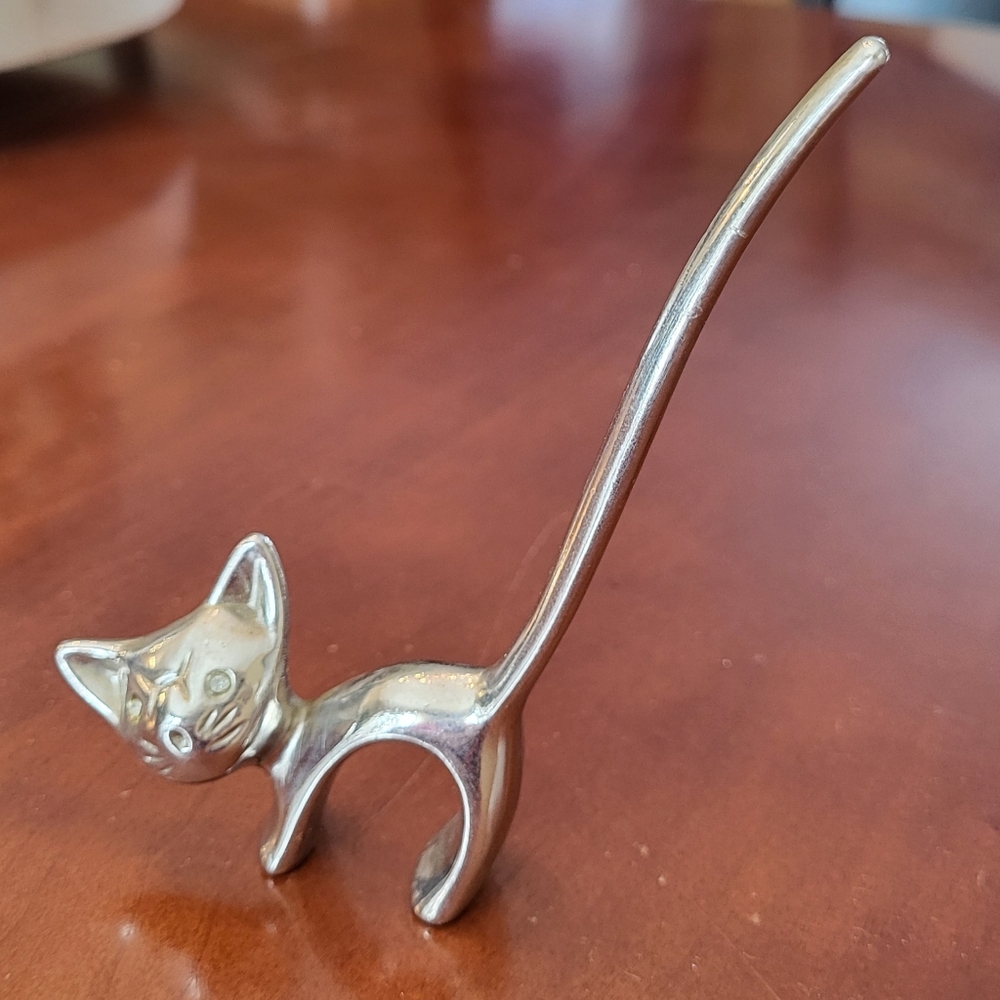 Silver Metal Cat Ring Holder Rhinestone Eyes Heavy Kitten Tall Tail